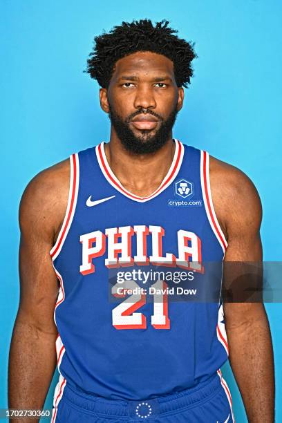 Joel Embid of the Philadelphia 76ers poses for a head shot during NBA Media Day on Octoberr 02, 2023 at the Philadelphia 76ers Training Complex in...