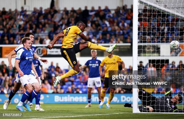 Toti Gomes of Wolverhampton Wanderers scores his team's second goal during the Carabao Cup Third Round match between Ipswich Town and Wolverhampton...