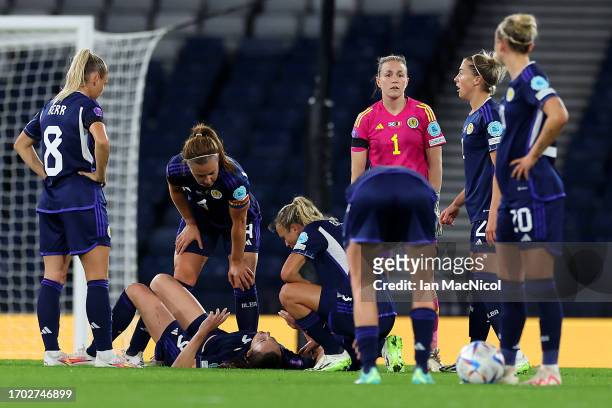 Caroline Weir of Scotland receives medical treatment for an injury during the UEFA Women's Nations League Group A match between Scotland and Belgium...
