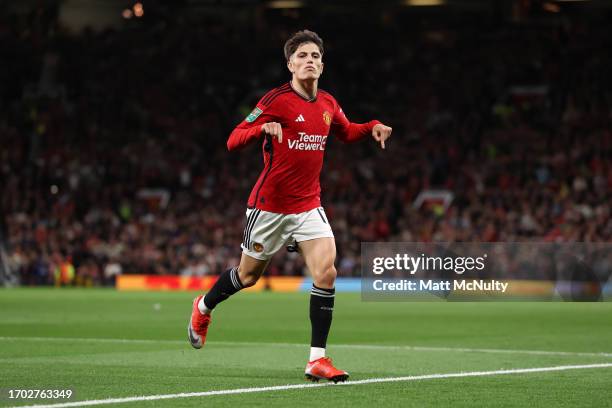 Alejandro Garnacho of Manchester United celebrates after scoring the team's first goal during the Carabao Cup Third Round match between Manchester...