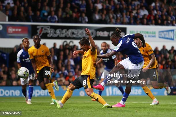 Freddie Ladapo of Ipswich Town scores the team's second goal during the Carabao Cup Third Round match between Ipswich Town and Wolverhampton...