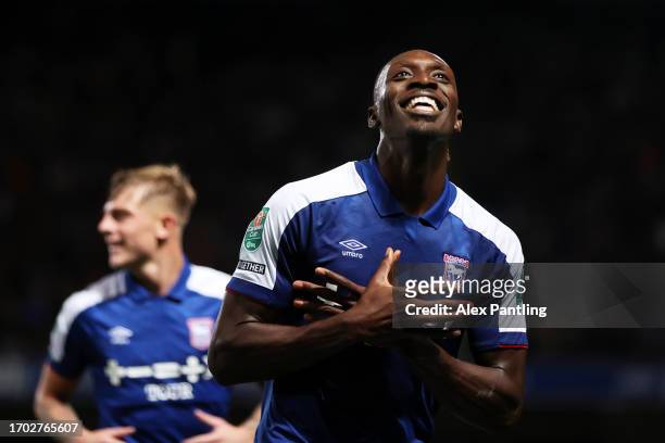 Freddie Ladapo of Ipswich Town celebrates after scoring the team's second goal during the Carabao Cup Third Round match between Ipswich Town and...