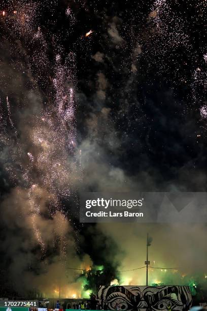 Fireworks are seen prior to the DFB cup first round match between Preußen Münster and FC Bayern München at Preussenstadion on September 26, 2023 in...