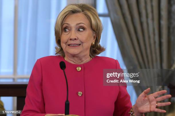 Former U.S. Secretary of State Hillary Clinton speaks during an unveiling of her portrait at the State Department on September 26, 2023 in...