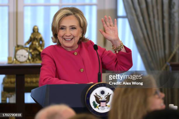 Former U.S. Secretary of State Hillary Clinton speaks during an unveiling of her portrait at the State Department on September 26, 2023 in...