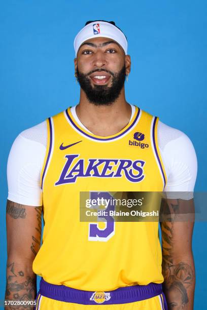 Anthony Davis of the Los Angeles Lakers poses for a headshot during NBA Media day at UCLA Health Training Center on October 02, 2023 in El Segundo,...