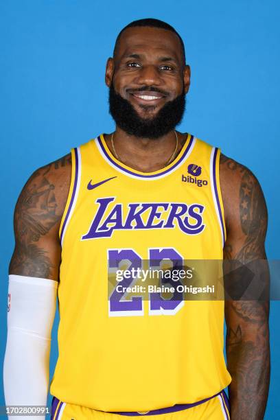 Lebron James of the Los Angeles Lakers poses for a headshot during NBA Media day at UCLA Health Training Center on October 02, 2023 in El Segundo,...