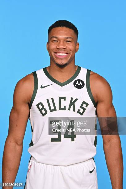 Giannis Antetokounmpo of the Milwaukee Bucks poses for a head shot during 2023-24 NBA Media Day on October 02, 2023 at the Froedtert & Medical...