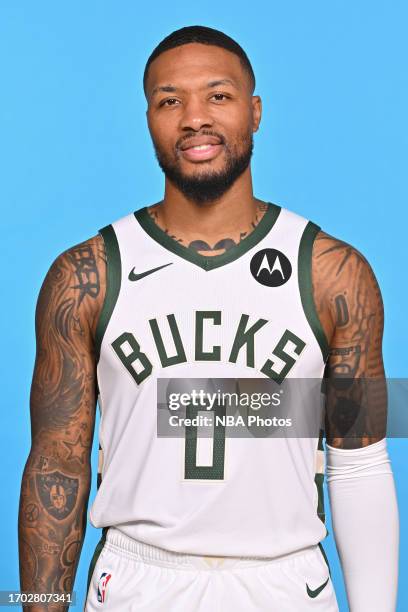 Damian Lillard of the Milwaukee Bucks poses for a head shot during 2023-24 NBA Media Day on October 02, 2023 at the Froedtert & Medical Science of...