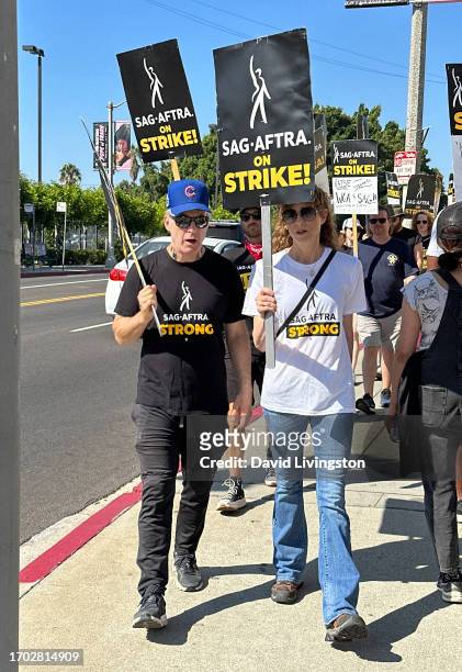 Bob Odenkirk and Dulcy Rogers join the picket line outside Paramount Studios on September 26, 2023 in Los Angeles, California. The WGA has reached a...