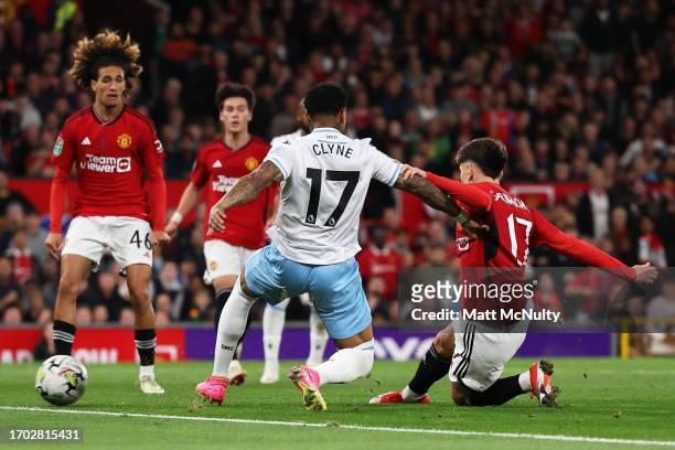 Alejandro Garnacho of Manchester United scores the team's first goal during the Carabao Cup Third Round match between Manchester United and Crystal...
