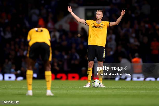 Sasa Kalajdzic of Wolverhampton Wanderers reacts after Jack Taylor of Ipswich Town scores the team's third goal during the Carabao Cup Third Round...