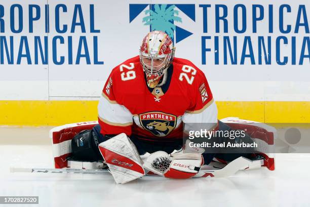Goaltender Mack Guzda of the Florida Panthers stretches prior to a preseason game against the Nashville Predators at the Amerant Bank Arena on...