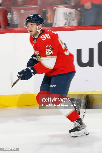 Jake Wise of the Florida Panthers skates prior to a preseason game against the Nashville Predators at the Amerant Bank Arena on September 25, 2023 in...