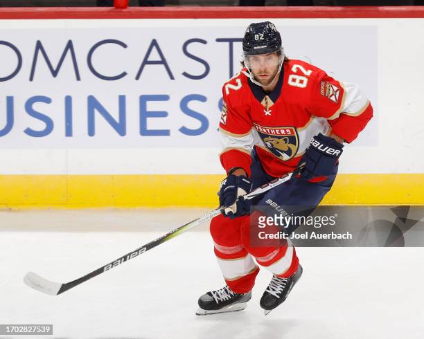 Kevin Stenlund of the Florida Panthers skates prior to a preseason game against the Nashville Predators at the Amerant Bank Arena on September 25,...