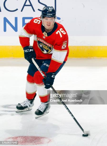 Ryan McAllister of the Florida Panthers skates with the puck prior to a preseason game against the Nashville Predators at the Amerant Bank Arena on...