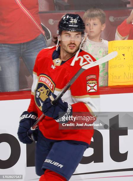 Josh Mahura of the Florida Panthers warms up prior to a preseason game against the Nashville Predators at the Amerant Bank Arena on September 25,...