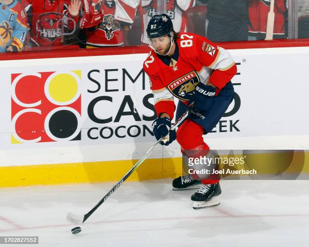 Kevin Stenlund of the Florida Panthers skates with the puck prior to a preseason game against the Nashville Predators at the Amerant Bank Arena on...