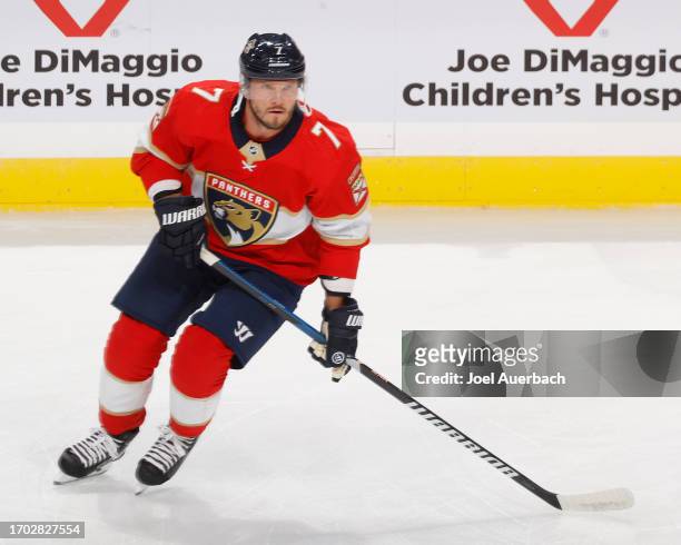 Dmitry Kulikov of the Florida Panthers warms up prior to a preseason game against the Nashville Predators at the Amerant Bank Arena on September 25,...
