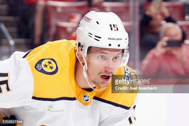Denis Gurianov of the Nashville Predators prepares for a face-off against the Florida Panthers during a preseason game at the Amerant Bank Arena on...