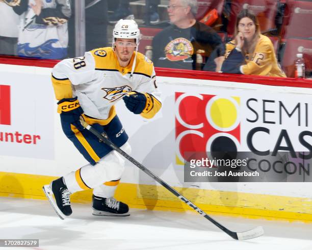 Jasper Weatherby of the Nashville Predators warms up prior to a preseason game against the Florida Panthers at the Amerant Bank Arena on September...