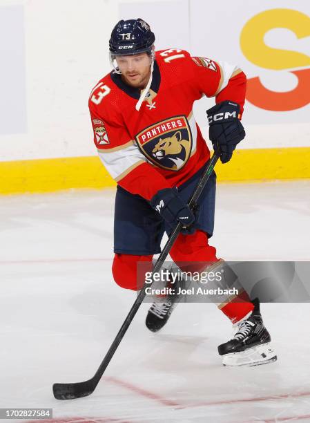 Sam Reinhart of the Florida Panthers skates prior to a preseason game against the Nashville Predators at the Amerant Bank Arena on September 25, 2023...