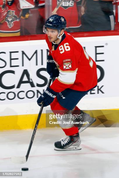 Jake Wise of the Florida Panthers skates with the puck prior to a preseason game against the Nashville Predators at the Amerant Bank Arena on...