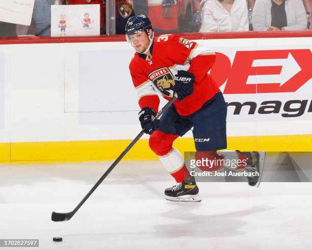 Patrick Giles of the Florida Panthers skates with the puck prior to a preseason game against the Nashville Predators at the Amerant Bank Arena on...
