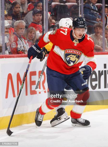 Niko Mikkola of the Florida Panthers chases after a loose puck against the Nashville Predators during a preseason game at the Amerant Bank Arena on...