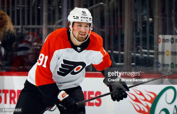 Brendan Furry of Philadelphia Flyers skates against the New Jersey Devils at a preseason game at the Prudential Center on September 25, 2023 in...