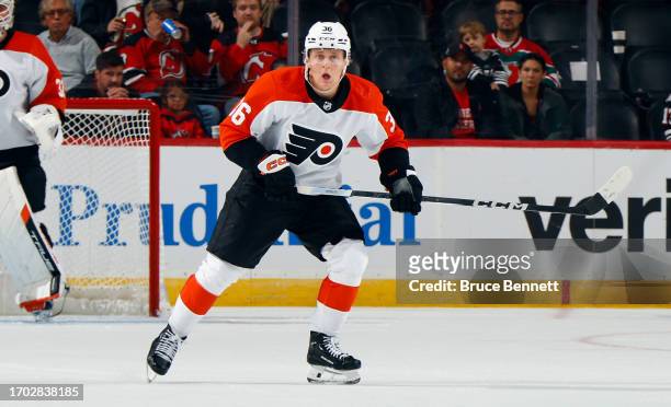 Emil Andrae of Philadelphia Flyers skates against the New Jersey Devils at a preseason game at the Prudential Center on September 25, 2023 in Newark,...