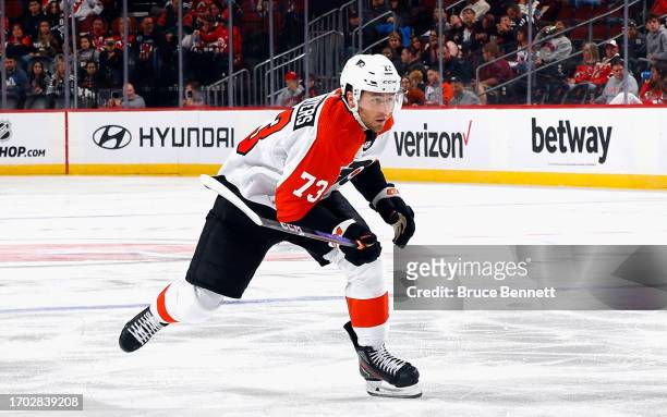 Elliot Desnoyers of Philadelphia Flyers skates against the New Jersey Devils at a preseason game at the Prudential Center on September 25, 2023 in...