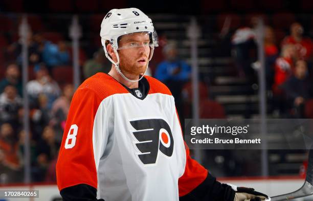 Cam York of Philadelphia Flyers skates against the New Jersey Devils at a preseason game at the Prudential Center on September 25, 2023 in Newark,...