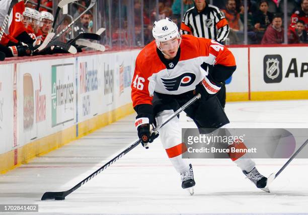 Bobby Brink of Philadelphia Flyers skates against the New Jersey Devils at a preseason game at the Prudential Center on September 25, 2023 in Newark,...