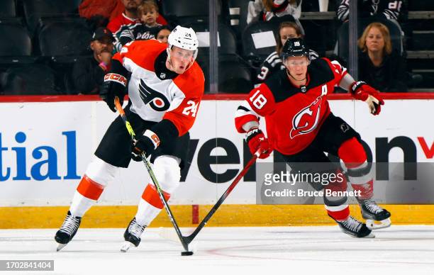 Nick Seeler of Philadelphia Flyers skates against the New Jersey Devils at a preseason game at the Prudential Center on September 25, 2023 in Newark,...