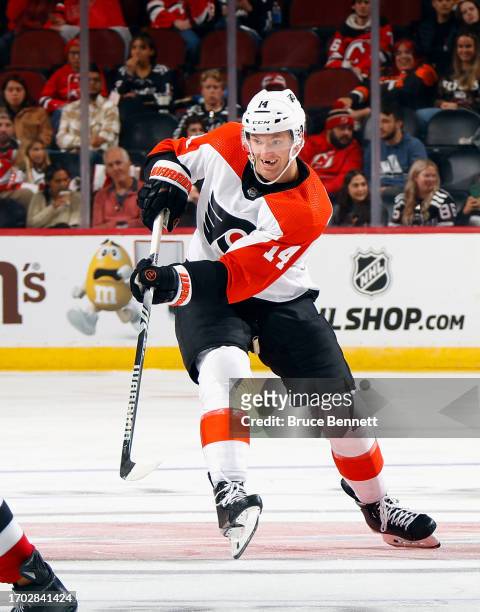 Sean Couturier of Philadelphia Flyers skates against the New Jersey Devils at a preseason game at the Prudential Center on September 25, 2023 in...
