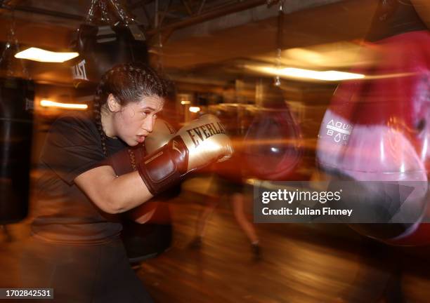 An amateur boxer trains during 'Chase Your Future' community session by Boxxer at Bermondsey Boxing Club on September 26, 2023 in London, England.