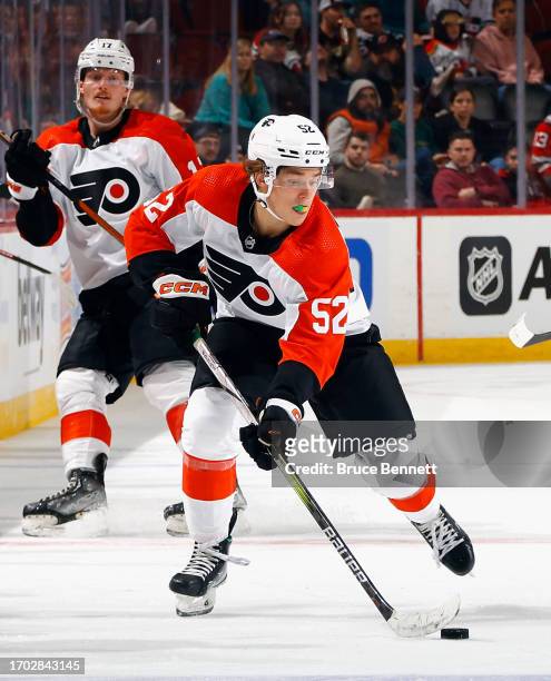 Denver Barkey of Philadelphia Flyers skates against the New Jersey Devils at a preseason game at the Prudential Center on September 25, 2023 in...
