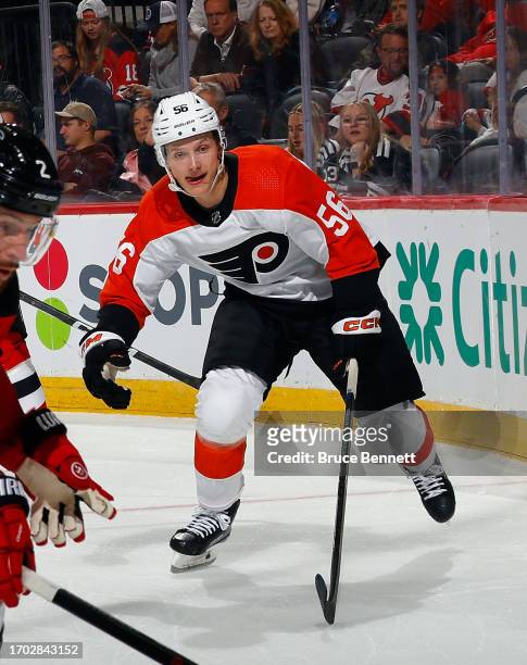 Samu Tuomaala of Philadelphia Flyers skates against the New Jersey Devils at a preseason game at the Prudential Center on September 25, 2023 in...