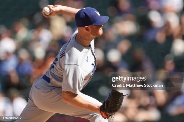 Starting pitcher Caleb Ferguson of the Los Angeles Dodgers throws against the Colorado Rockies in the first inning during Game One of a Doubleheader...