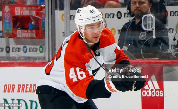 Bobby Brink of Philadelphia Flyers skates against the New Jersey Devils at a preseason game at the Prudential Center on September 25, 2023 in Newark,...