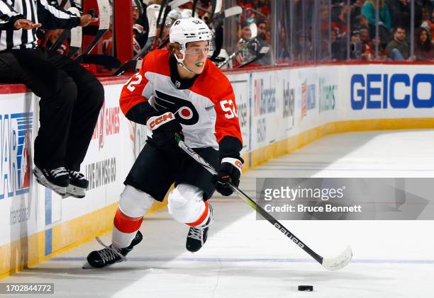 Denver Barkey of Philadelphia Flyers skates against the New Jersey Devils at a preseason game at the Prudential Center on September 25, 2023 in...
