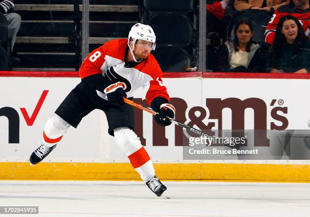 Cam York of Philadelphia Flyers skates against the New Jersey Devils at a preseason game at the Prudential Center on September 25, 2023 in Newark,...