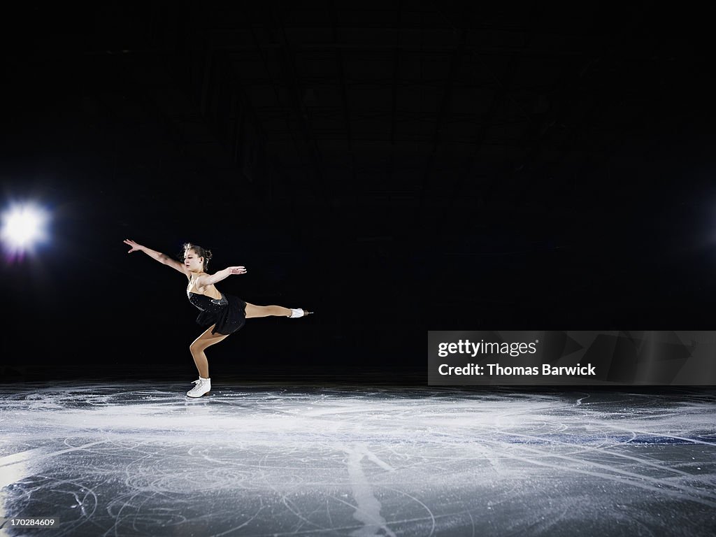Figure skater landing a jump during a performance