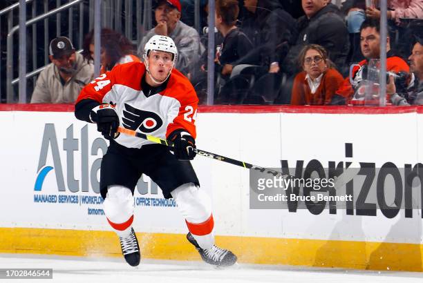 Nick Seeler of Philadelphia Flyers skates against the New Jersey Devils at a preseason game at the Prudential Center on September 25, 2023 in Newark,...