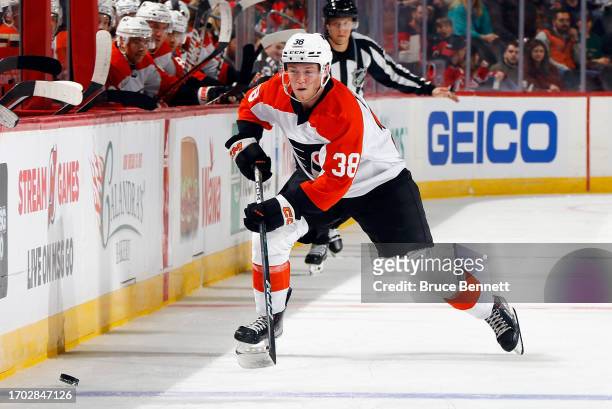 Matt Brown of Philadelphia Flyers skates against the New Jersey Devils at a preseason game at the Prudential Center on September 25, 2023 in Newark,...