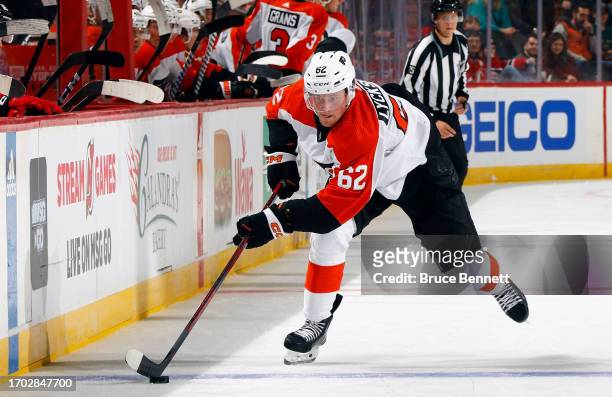 Olle Lycksell of Philadelphia Flyers skates against the New Jersey Devils at a preseason game at the Prudential Center on September 25, 2023 in...