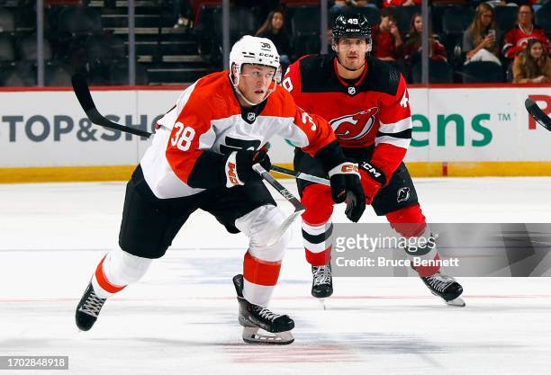 Matt Brown of Philadelphia Flyers skates against the New Jersey Devils at a preseason game at the Prudential Center on September 25, 2023 in Newark,...