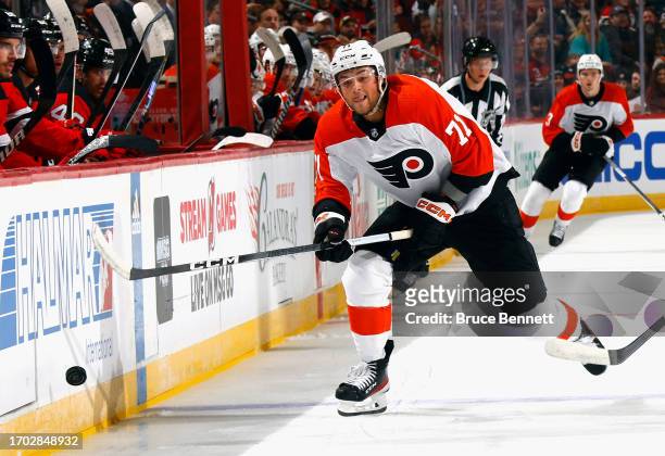 Tyson Foerster of Philadelphia Flyers skates against the New Jersey Devils at a preseason game at the Prudential Center on September 25, 2023 in...