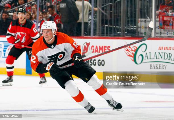 Olle Lycksell of Philadelphia Flyers skates against the New Jersey Devils at a preseason game at the Prudential Center on September 25, 2023 in...